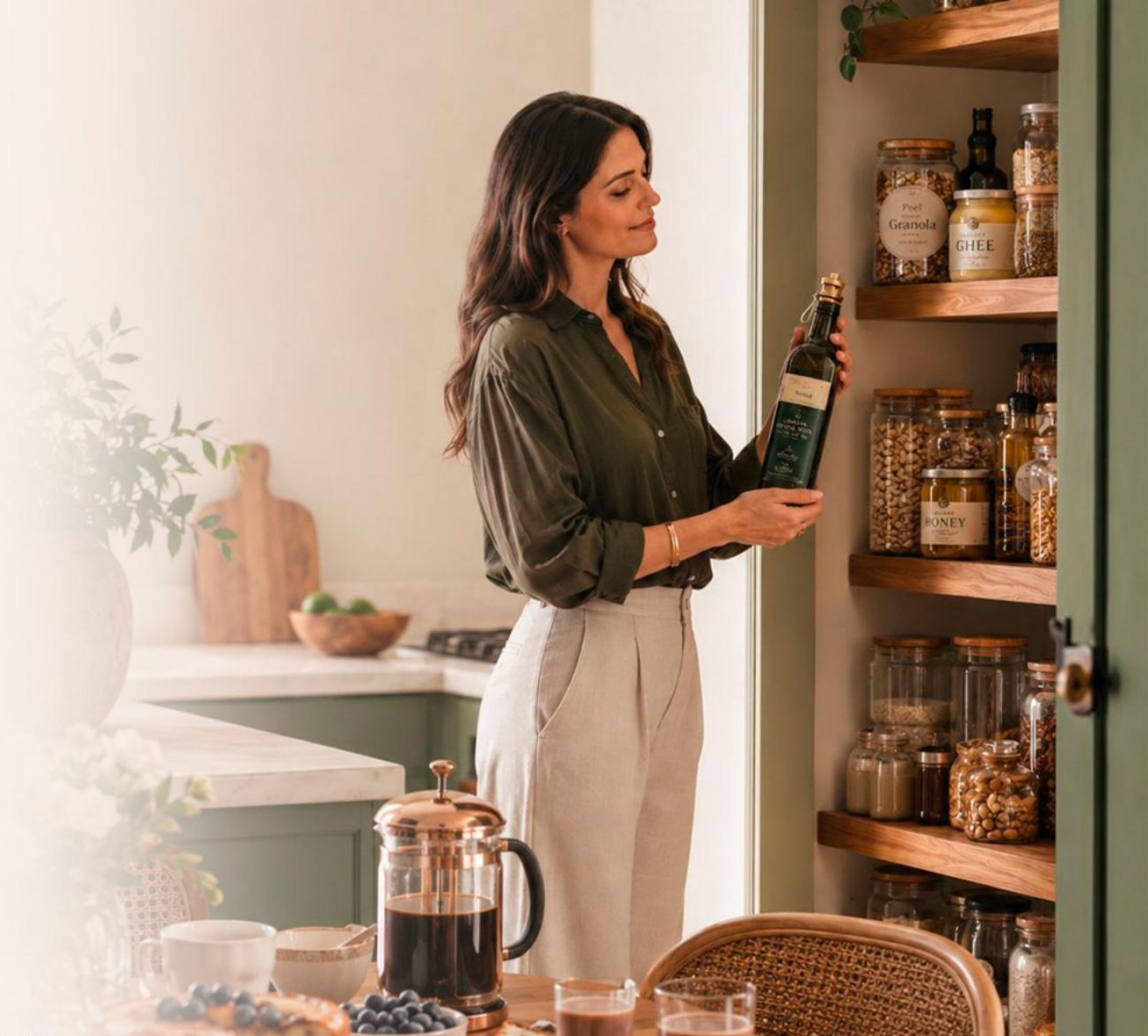 Mulher organizando uma despensa com produtos clean label