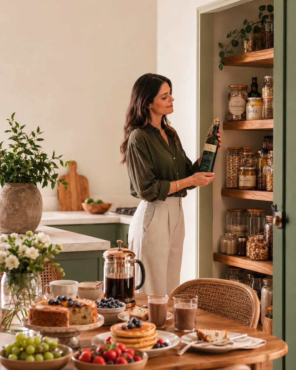 Mulher em cozinha clean label com despensa organizada